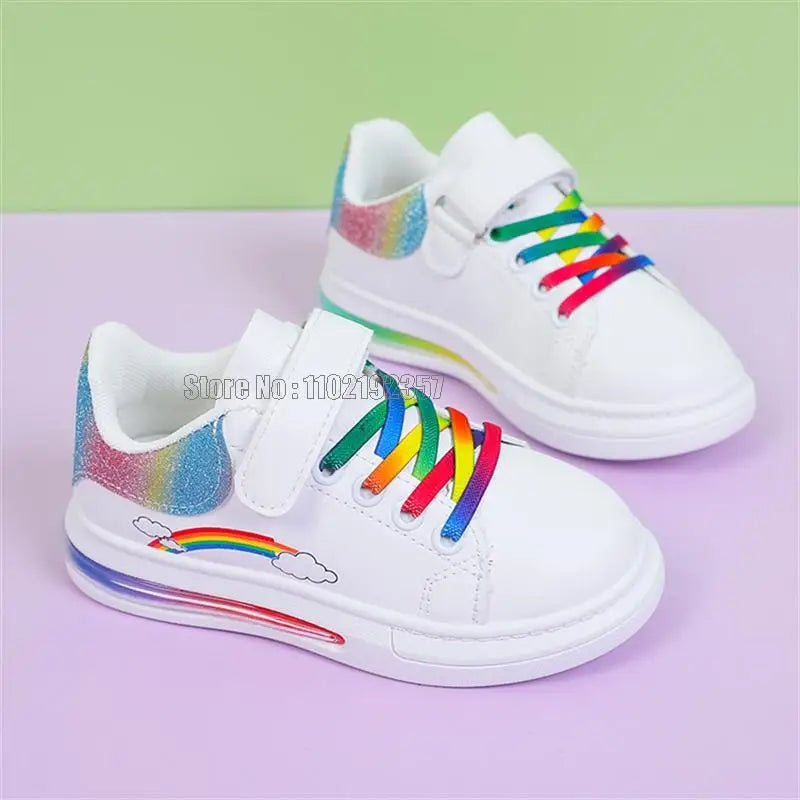 Girls' Rainbow Air Cushion Sneakers - PU Leather Casual Shoes Ages 2-12