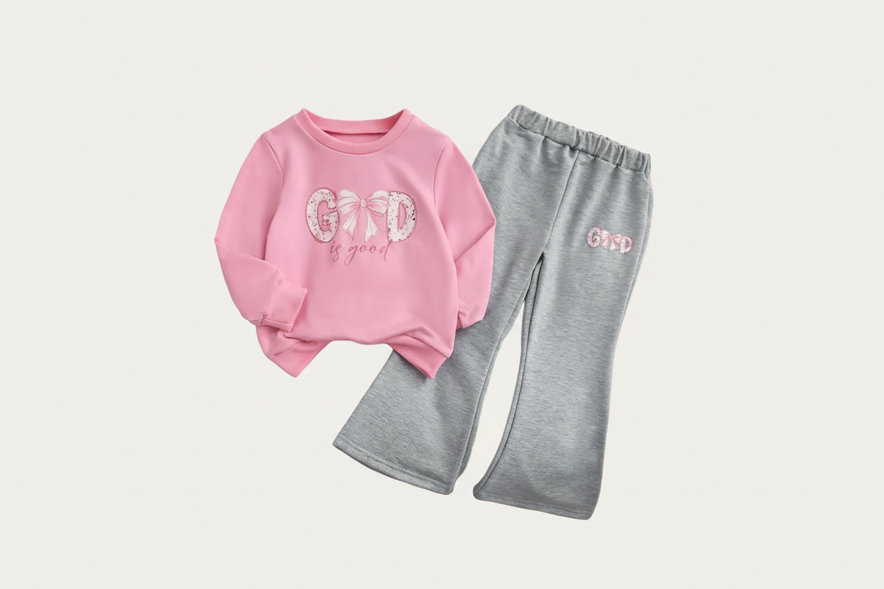 Pink Bow Hoodie and Flared Pants Set - Kidnor