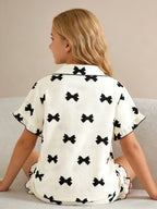 Girls' Summer Bow-Tie Pajama Set - Button Cardigan Top & Shorts
