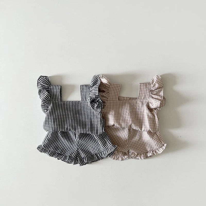 Summer Baby Lattice Clothing Set ,Tee and Shorts 2Pcs Girls Outwear Suits