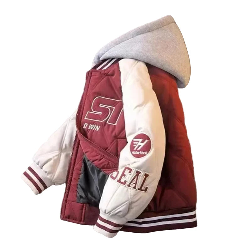 Boys' Hooded Baseball Jacket - Thick Cotton Winter Coat with Letter Print