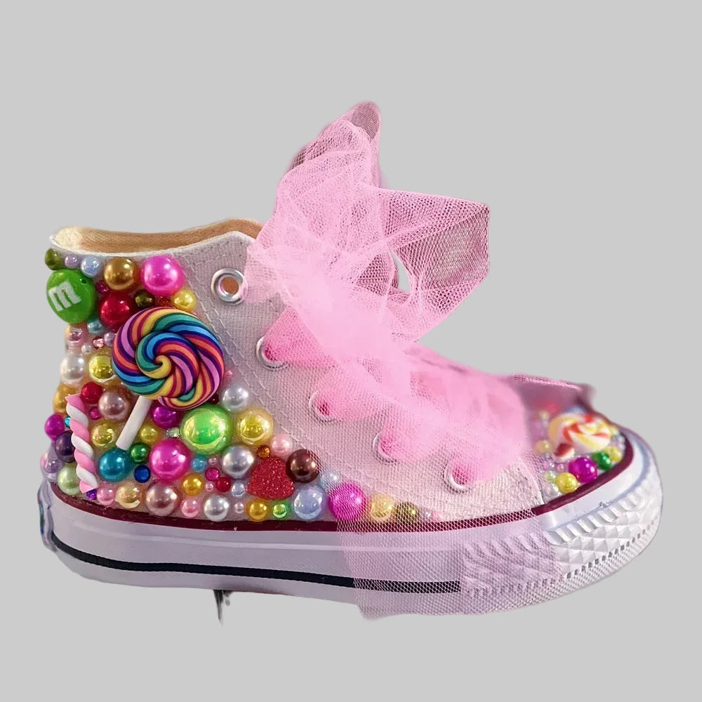 Girls' Rainbow Candy Bling Sneakers - Handmade Pearl Party Shoes