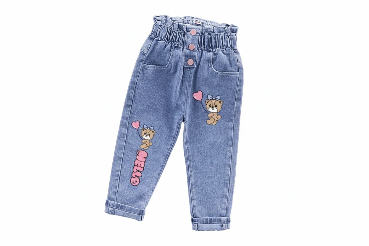 Girls' Cat Print High Waist Jeans - Elastic Waist Denim Pants Ages 1-6