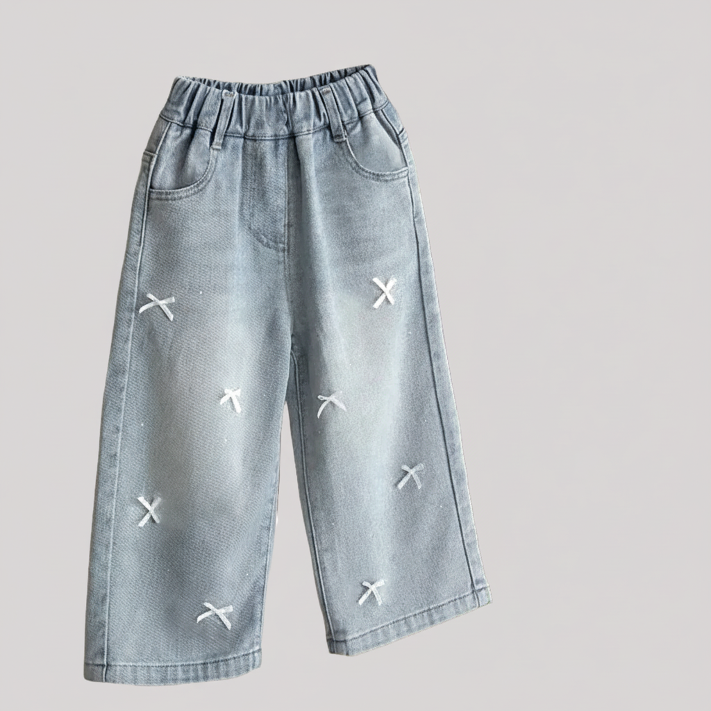 Wide-Leg Bow Embroidery Jeans - Kidnor