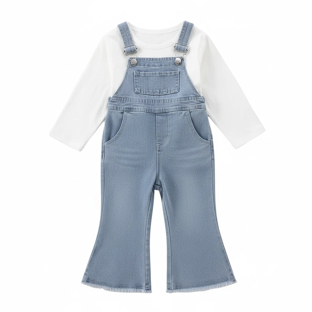 Girls Denim Overalls & White T-Shirt Set - 2-Piece Spring Autumn Outfit