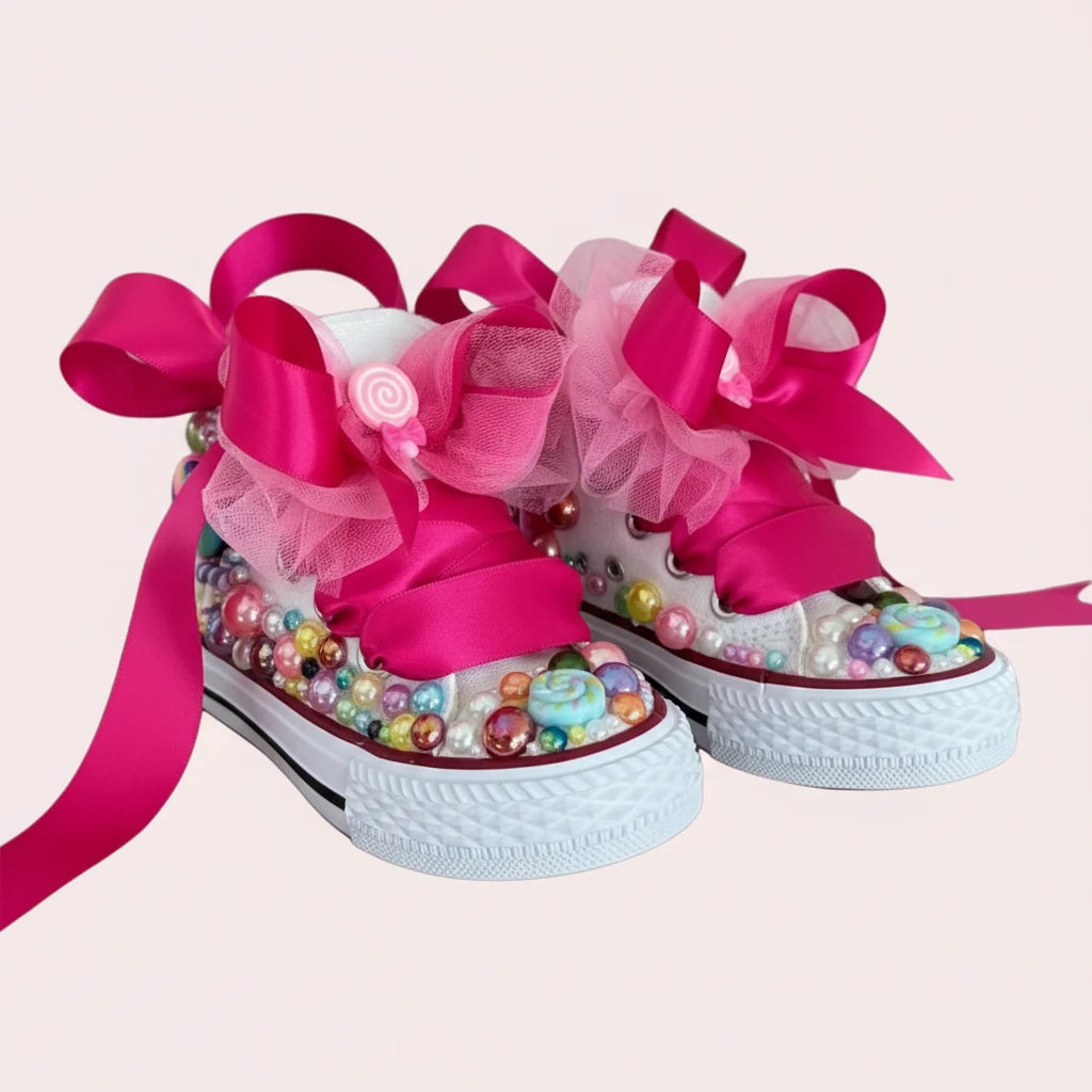 Girls' Rainbow Candy Bling Sneakers - Handmade Pearl Party Shoes