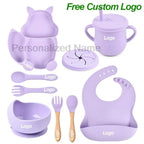 Personalized Name Silicone Tableware Set For Kids 8Pcs Baby Solid Feeding Set Squirrel Plate Dishes Sucker Bowl Bib Newborn Gift