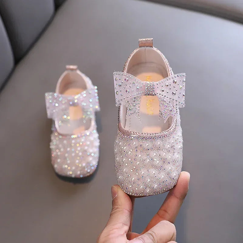 New Girls Princess Shoes Fashion Children's Bow Rhinestone Sequin Kids Shoes Baby Party Student Flat Performance Shoes H19