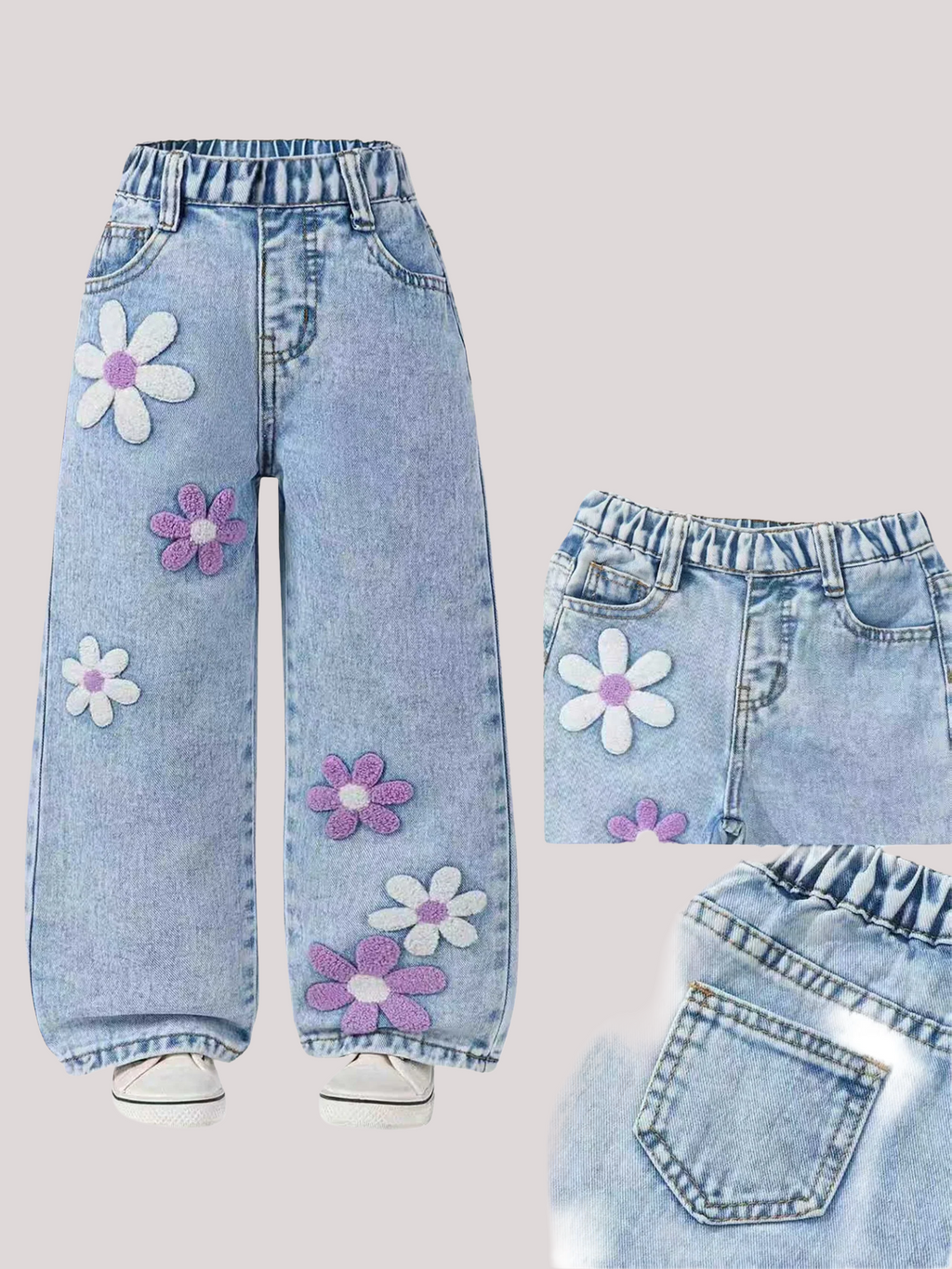 Girls Floral Denim Jeans Elastic Waist - Kidnor