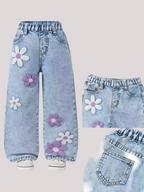 Girls Floral Denim Jeans Elastic Waist - Kidnor