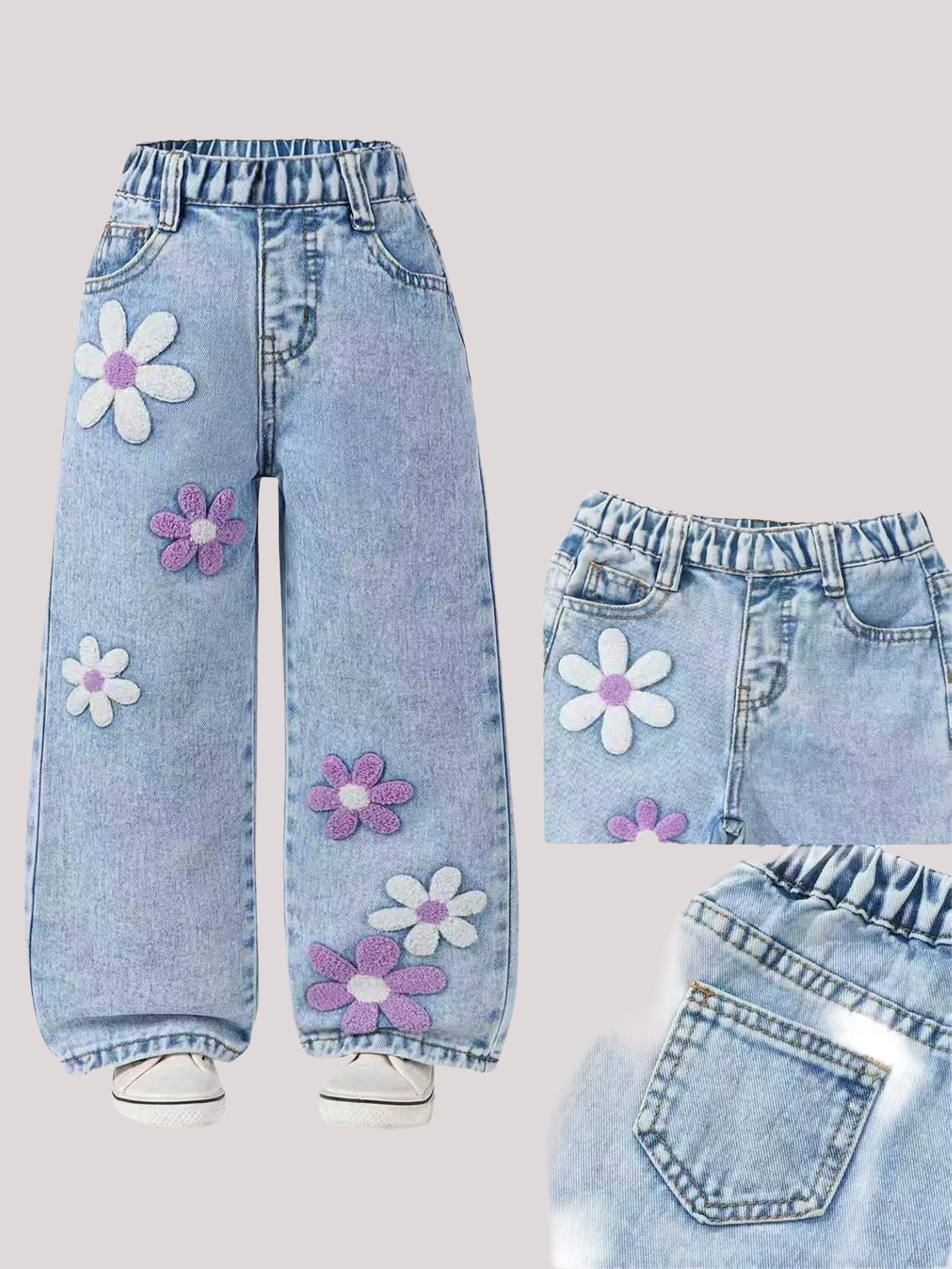 Girls Floral Denim Jeans Elastic Waist - Kidnor