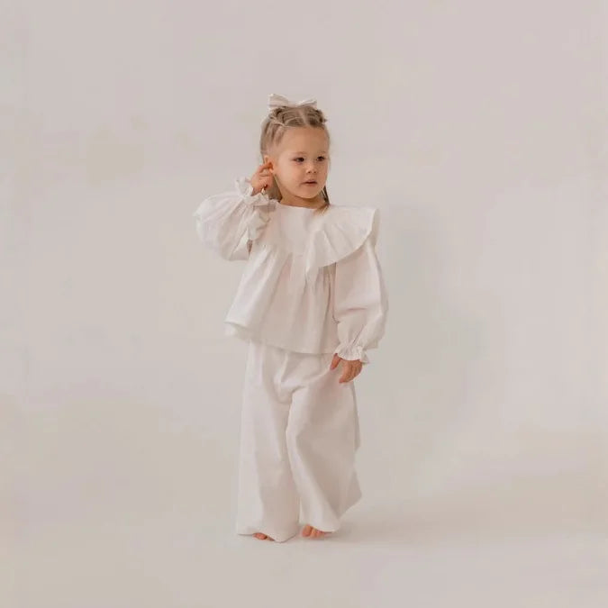 Girls Linen Ruffle Blouse & Pants Set - 2-Piece Spring Autumn Outfit