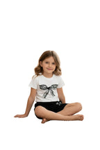 Girls White Tee & Black Shorts Set - Lace Bow 2-Piece Outfit
