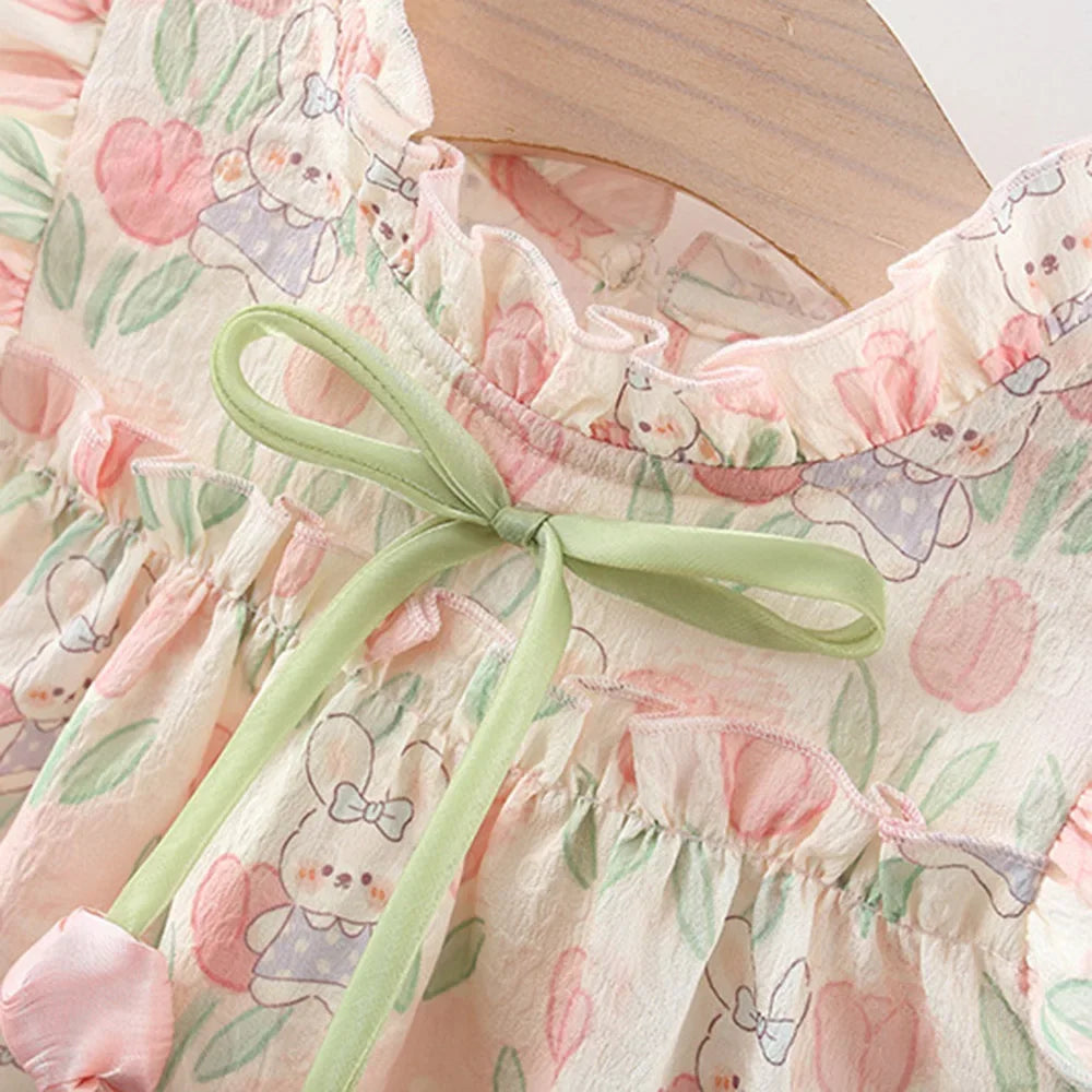 Tulip Rabbit Print Dress with Bow - Kidnor