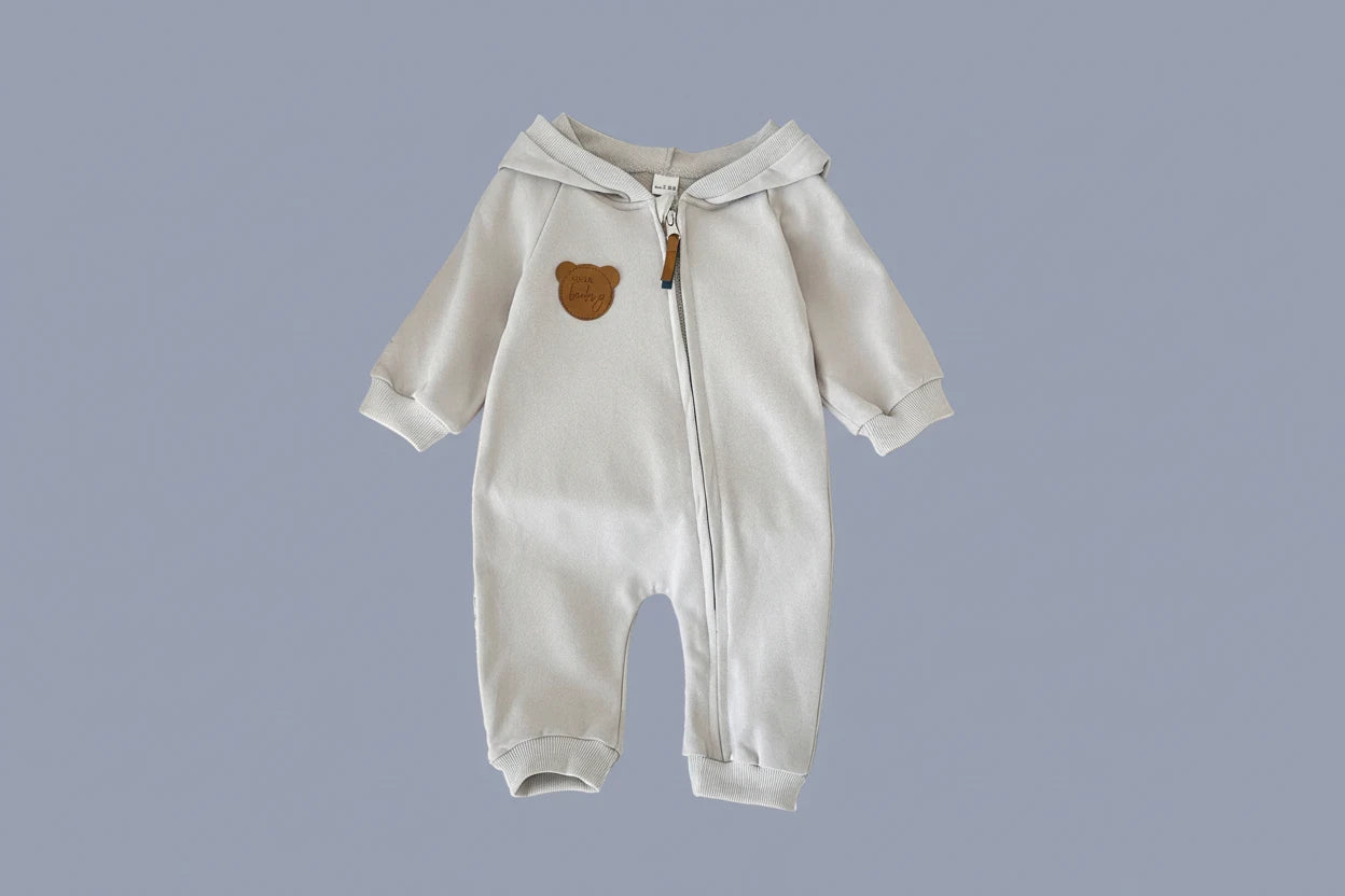 Baby Hooded Zipper Jumpsuit - Solid Color Autumn Bodysuit