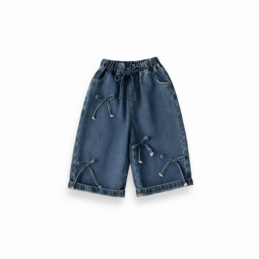 Kids' Bow Wide Leg Jeans - Korean Style Loose Casual Pants