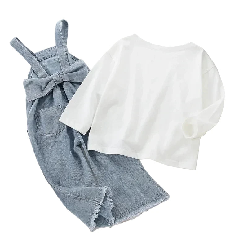 Girls Denim Overalls & White T-Shirt Set - 2-Piece Spring Autumn Outfit