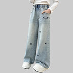 Girls' Bow Tie Wide Leg Jeans - Casual Loose Trousers for Teens