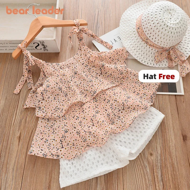 Bear Leader Girls Clothing Sets 2025 Summer Kids Clothes Floral Chiffon Halter+Embroidered Shorts Straw Children Clothing