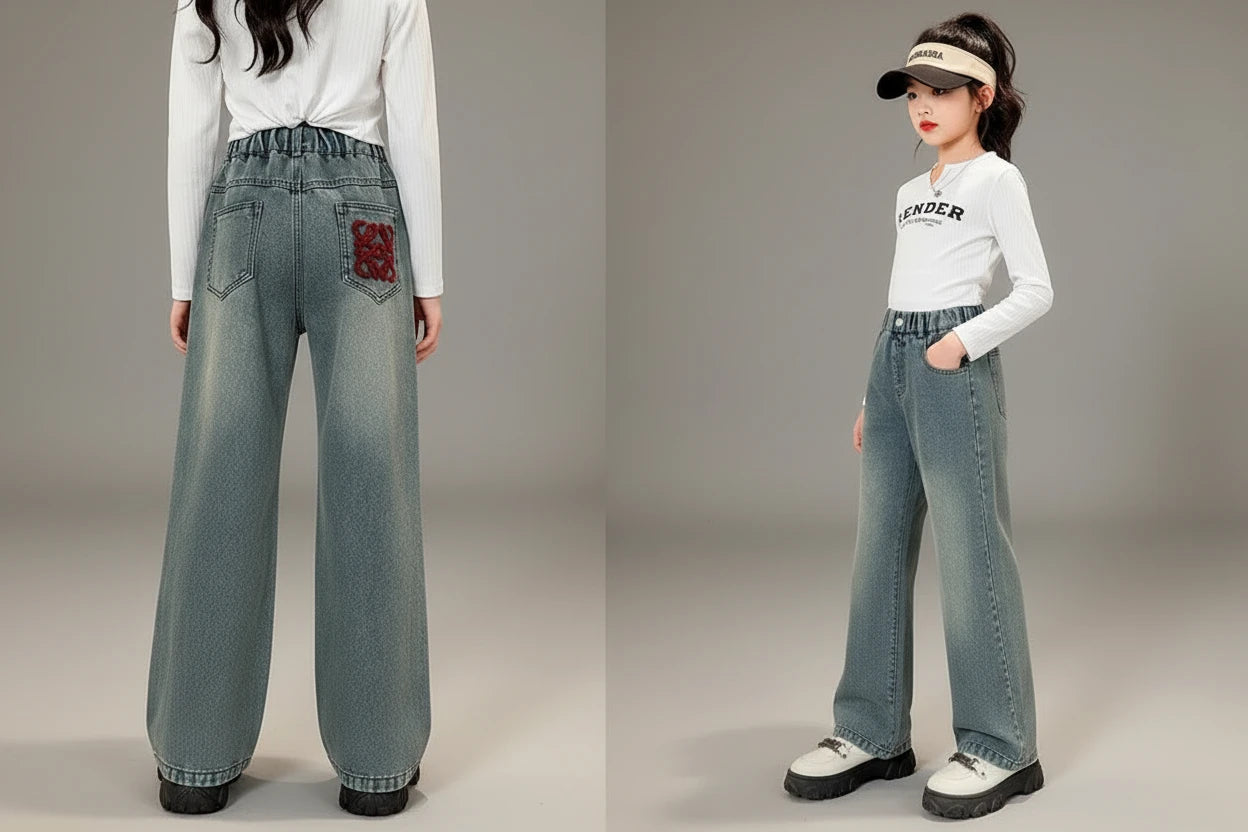 Girls Wide Leg Jeans - Loose Fit Casual Denim Pants