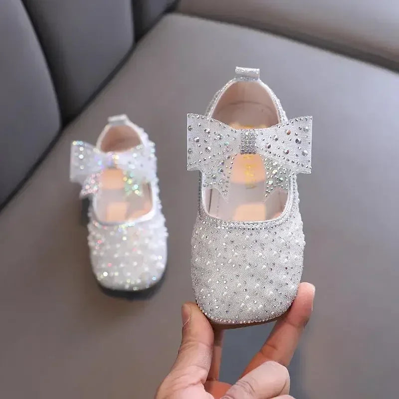 New Girls Princess Shoes Fashion Children's Bow Rhinestone Sequin Kids Shoes Baby Party Student Flat Performance Shoes H19