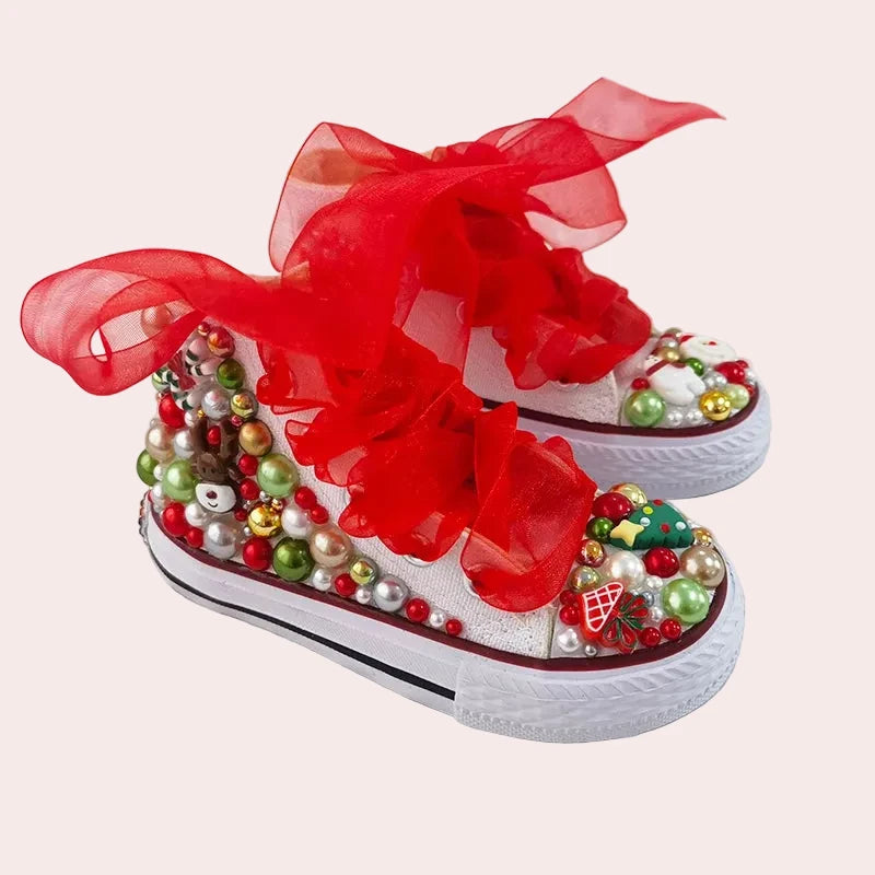 Girls' Rainbow Candy Bling Sneakers - Handmade Pearl Party Shoes