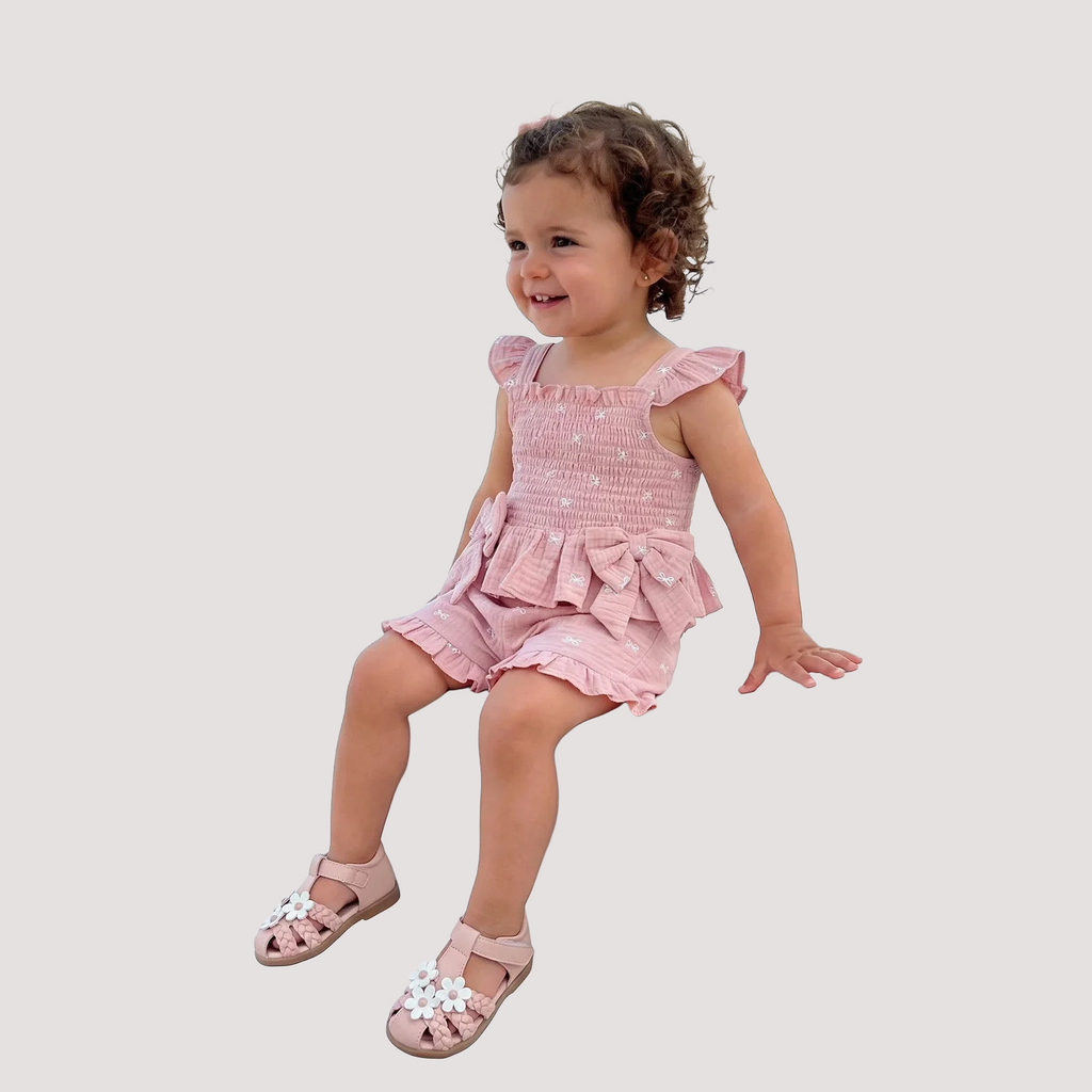 Bow Print Square Neck Top and Shorts Set - Kidnor