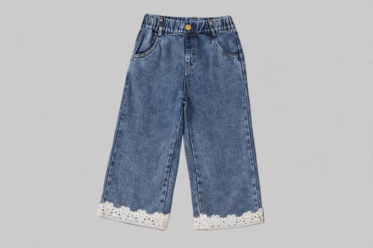 Vintage Denim Wide Leg Pants - Elastic Waist - Kidnor