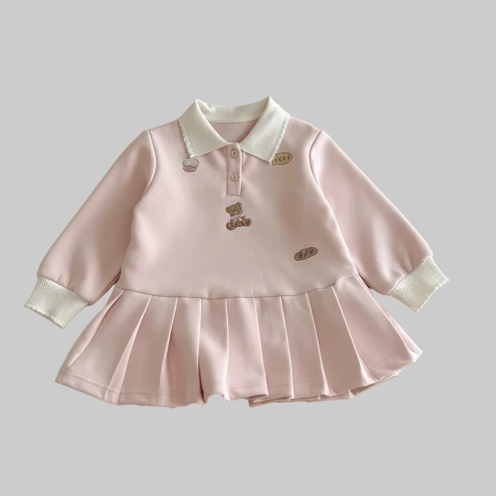 Cute Bear Long Sleeved Pleated Dress - Kidnor
