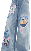 Girls' Cartoon Print Wide Leg Jeans - Fashion Denim Pants Ages 4-14