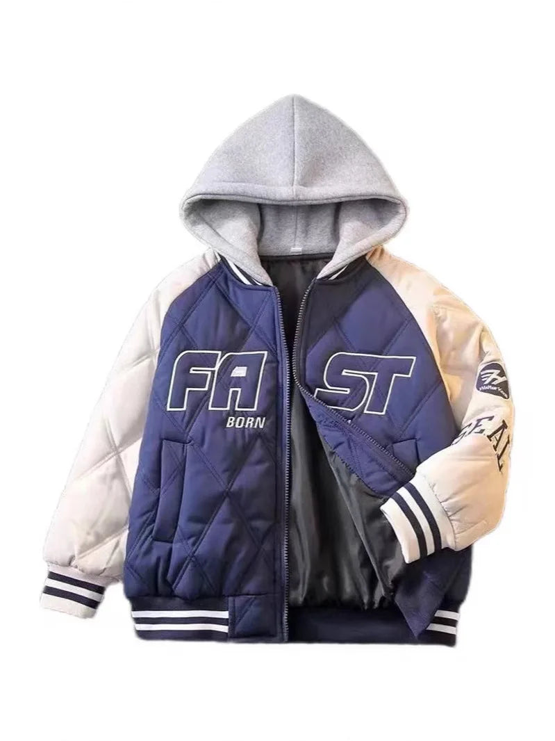 Boys' Hooded Baseball Jacket - Thick Cotton Winter Coat with Letter Print
