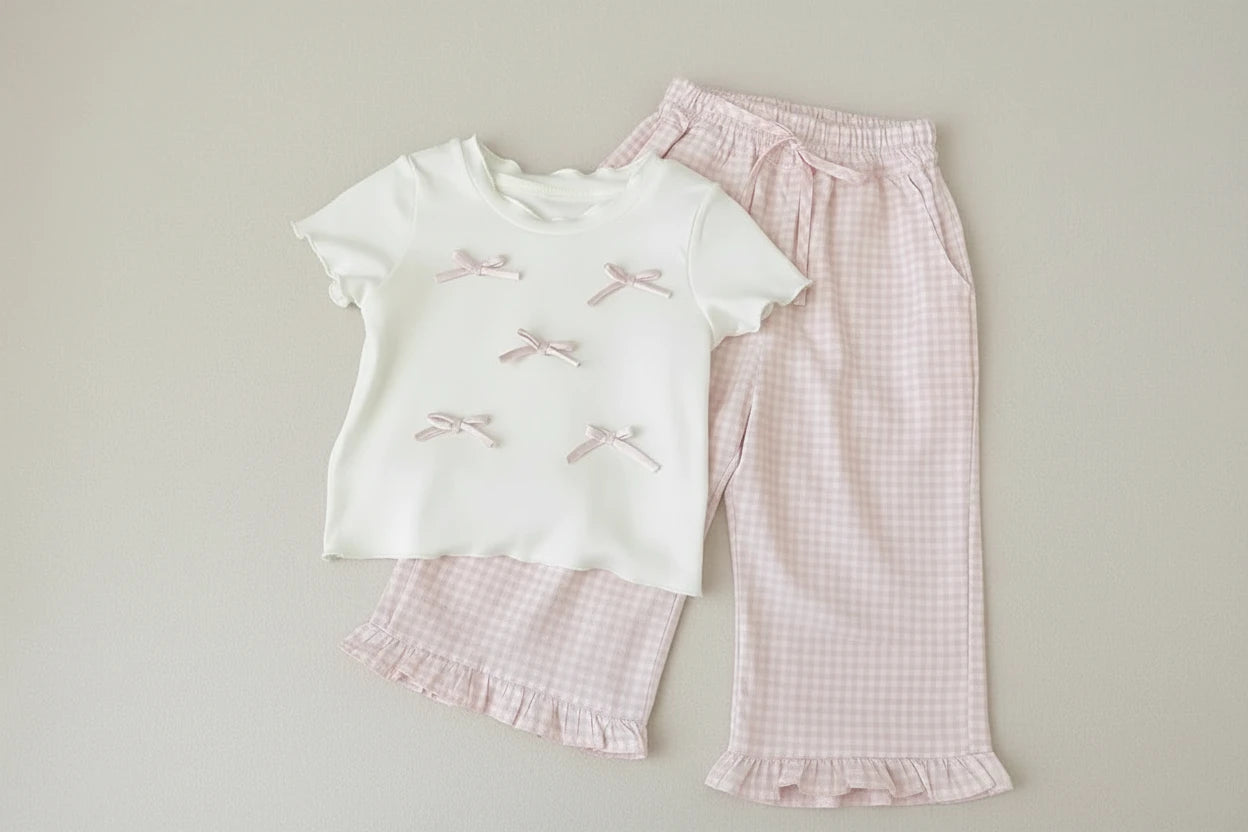 Girls' Bow Top & Plaid Pants Set - 2-Piece Summer Outfit Ages 4-6