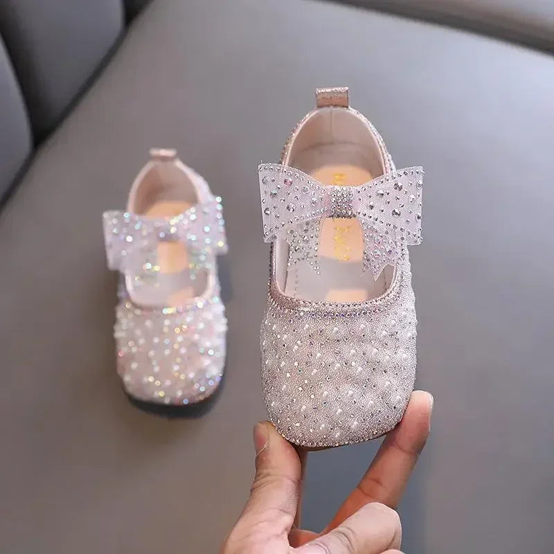 New Girls Princess Shoes Fashion Children's Bow Rhinestone Sequin Kids Shoes Baby Party Student Flat Performance Shoes H19