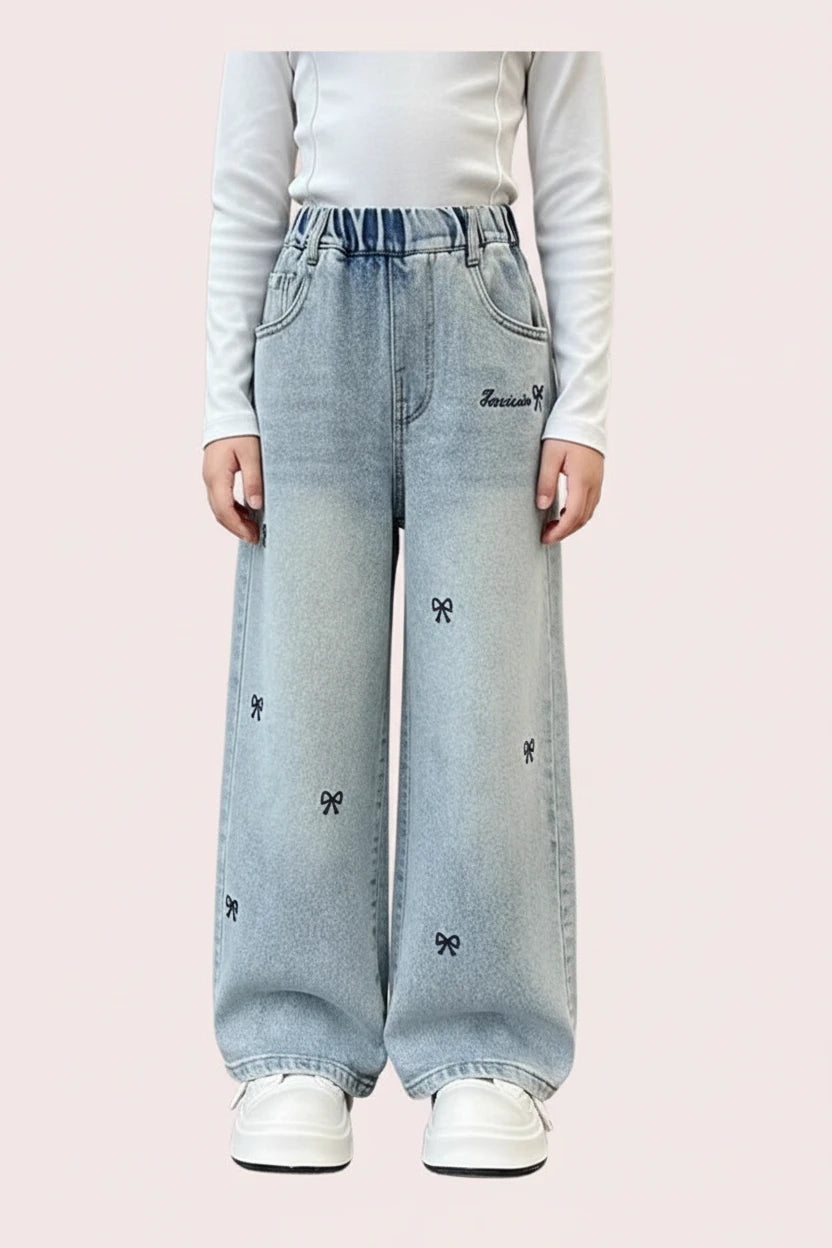 Girls' Bow Tie Wide Leg Jeans - Casual Loose Trousers for Teens