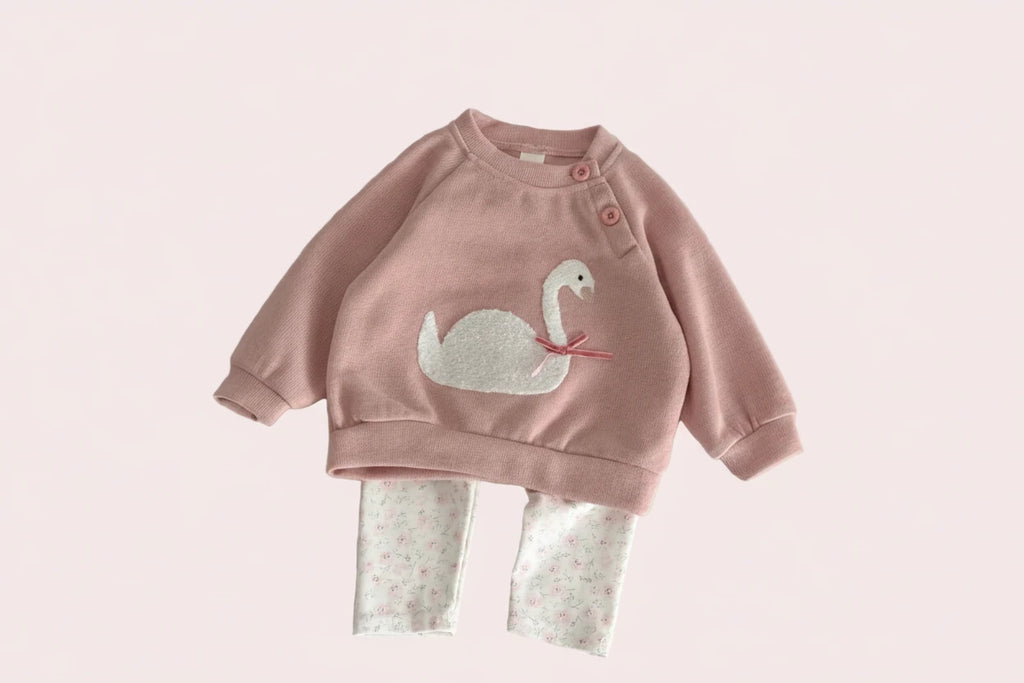 Autumn Toddler Baby Girls Outfit Swan Embroidery Long Sleeve Sweatshirt Ditsy Floral Elastic Waist Pants Spring Clothes