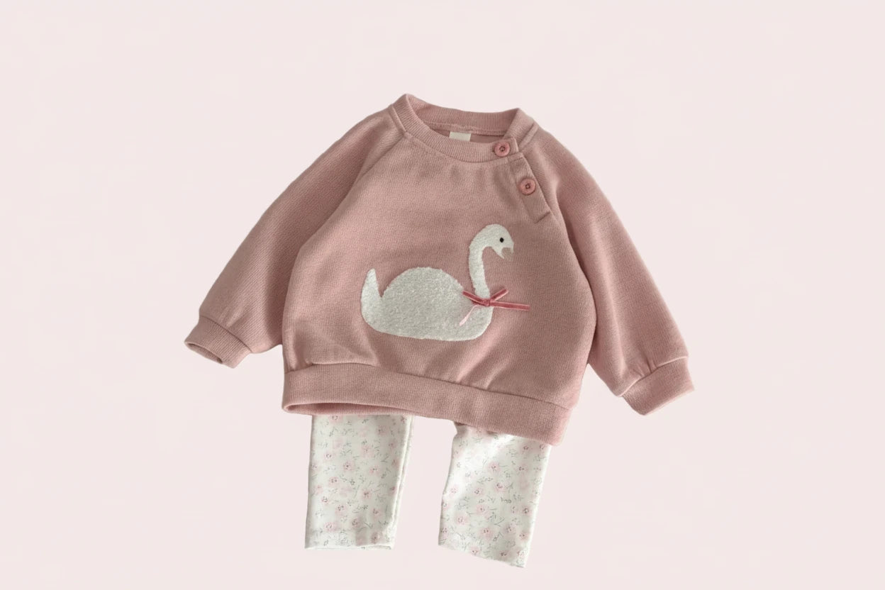 Autumn Toddler Baby Girls Outfit Swan Embroidery Long Sleeve Sweatshirt Ditsy Floral Elastic Waist Pants Spring Clothes