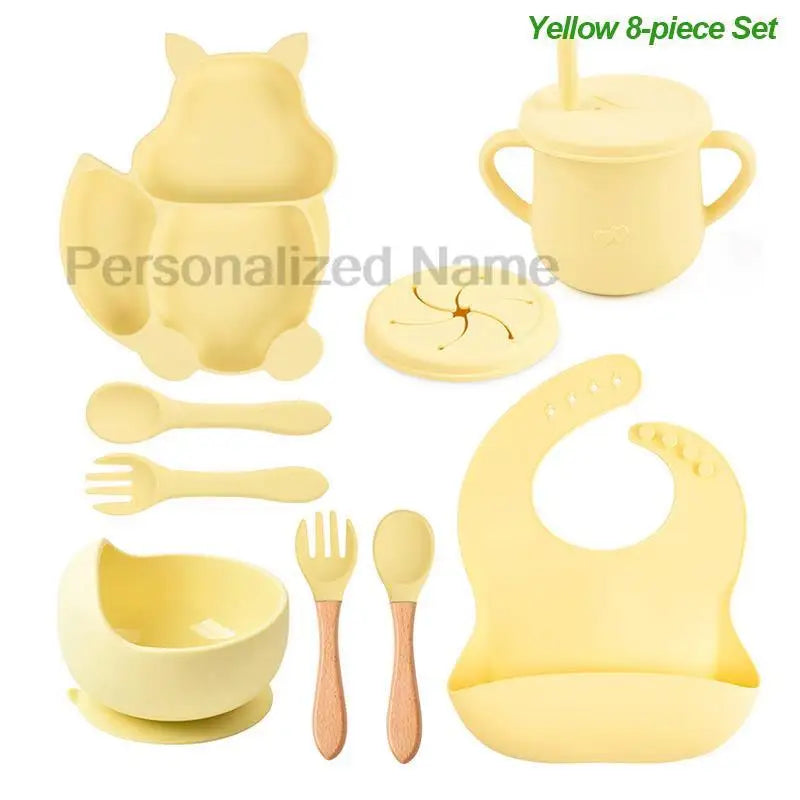 Personalized Name Silicone Tableware Set For Kids 8Pcs Baby Solid Feeding Set Squirrel Plate Dishes Sucker Bowl Bib Newborn Gift