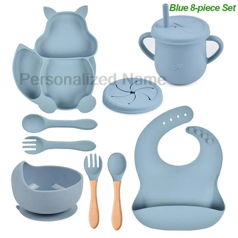 Personalized Name Silicone Tableware Set For Kids 8Pcs Baby Solid Feeding Set Squirrel Plate Dishes Sucker Bowl Bib Newborn Gift