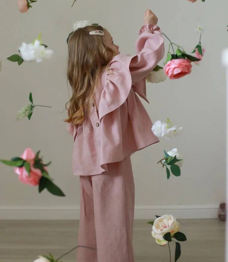 Girls Linen Ruffle Blouse & Pants Set - 2-Piece Spring Autumn Outfit