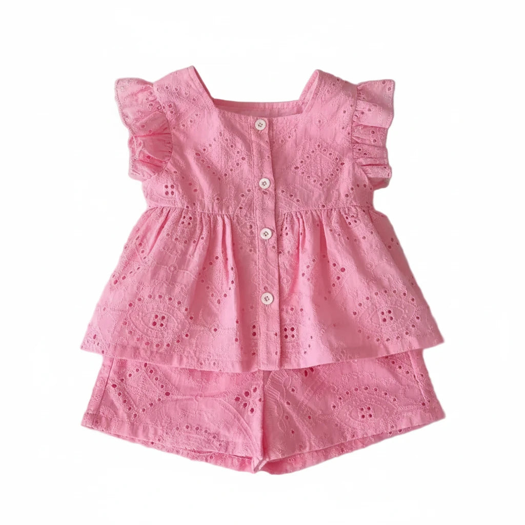 Baby Girls Pink Cotton Top & Shorts Set - Flutter Sleeve Summer Outfit