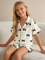 Girls' Summer Bow-Tie Pajama Set - Button Cardigan Top & Shorts