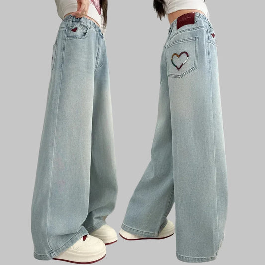Girls' Y2K Streetwear Jeans - Heart Embroidery Harajuku Denim Pants