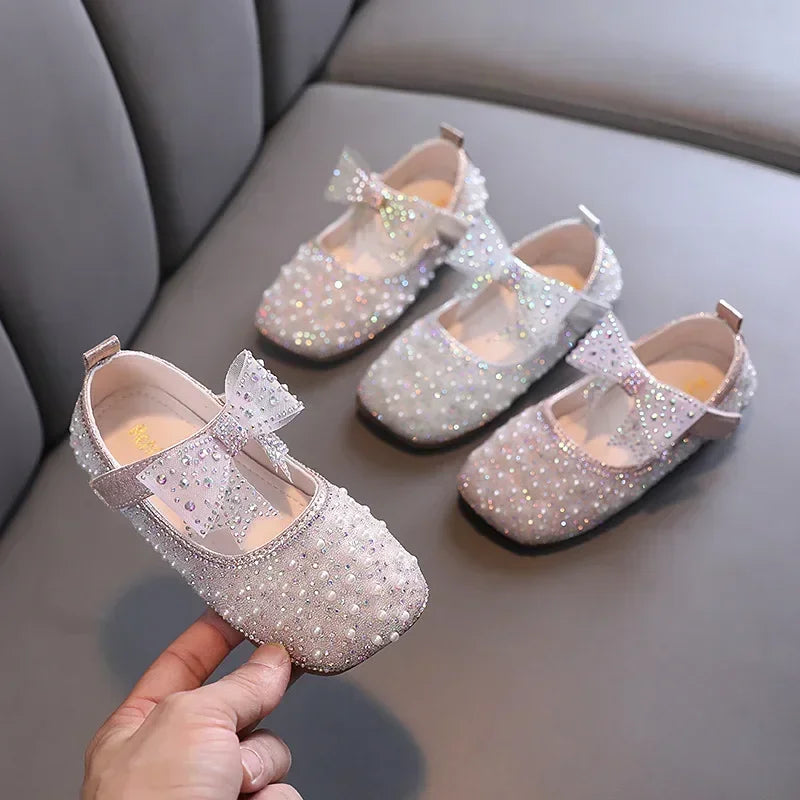 New Girls Princess Shoes Fashion Children's Bow Rhinestone Sequin Kids Shoes Baby Party Student Flat Performance Shoes H19