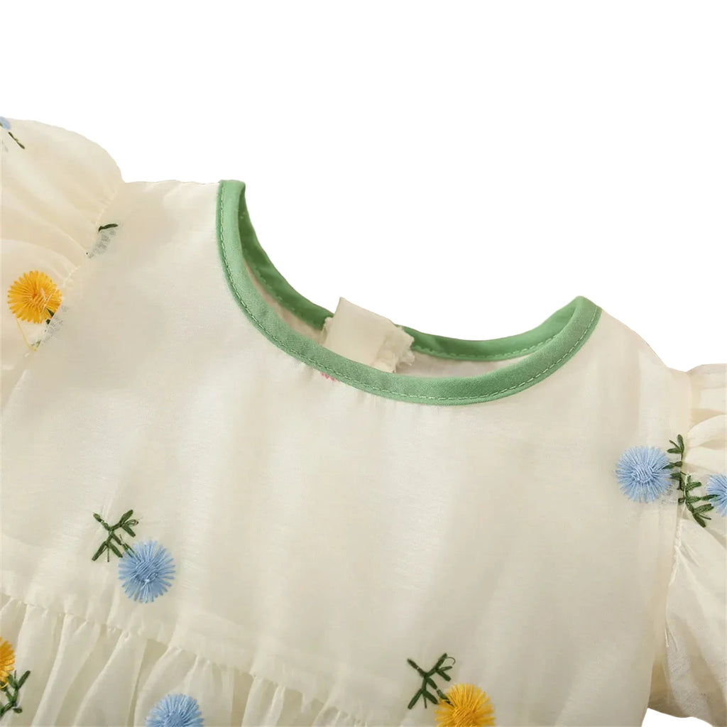 Girls' Embroidered Party Dress - Bubble Sleeve Birthday Dress Ages 1-3