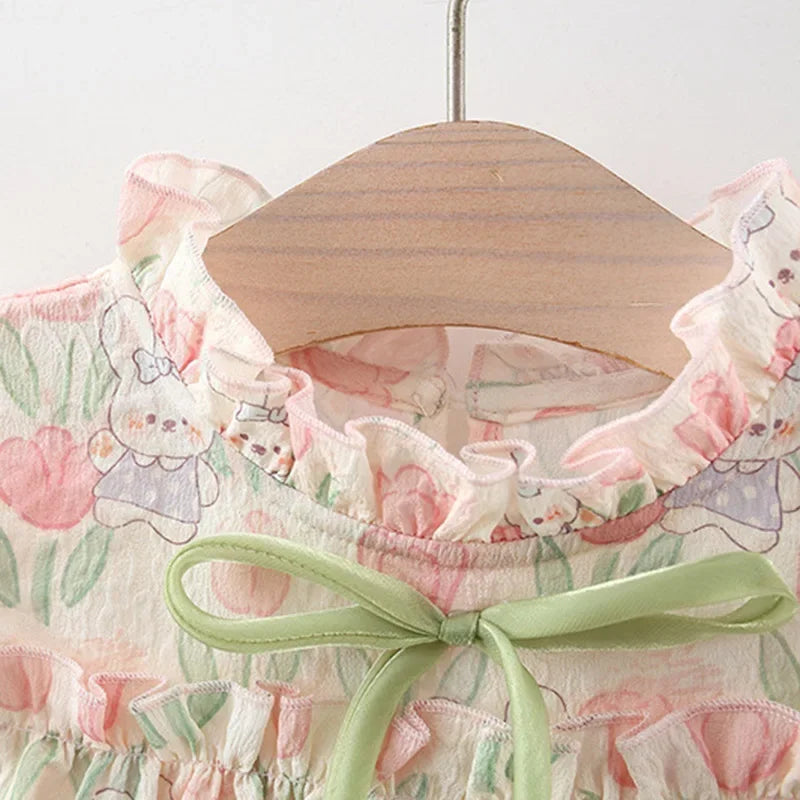 Tulip Rabbit Print Dress with Bow - Kidnor