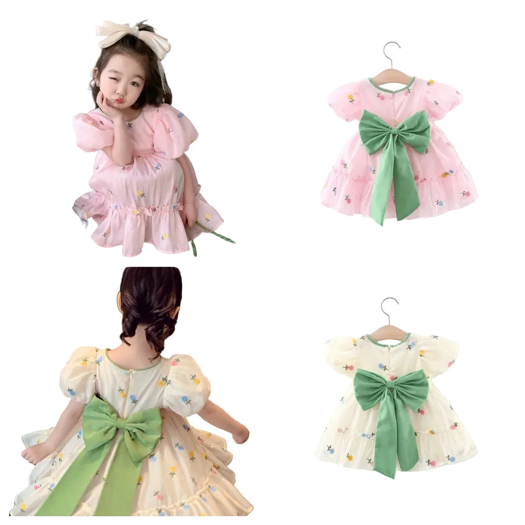 Girls' Embroidered Party Dress - Bubble Sleeve Birthday Dress Ages 1-3