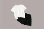 Girls White Tee & Black Shorts Set - Lace Bow 2-Piece Outfit