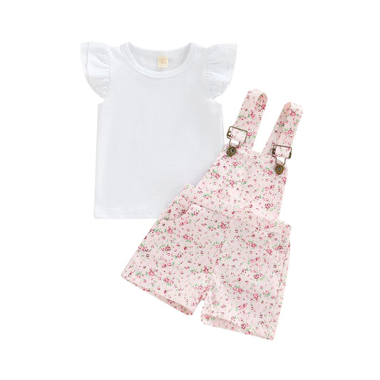 Girls' Summer Outfit Set - Floral Suspender Shorts & Top 2-Piece