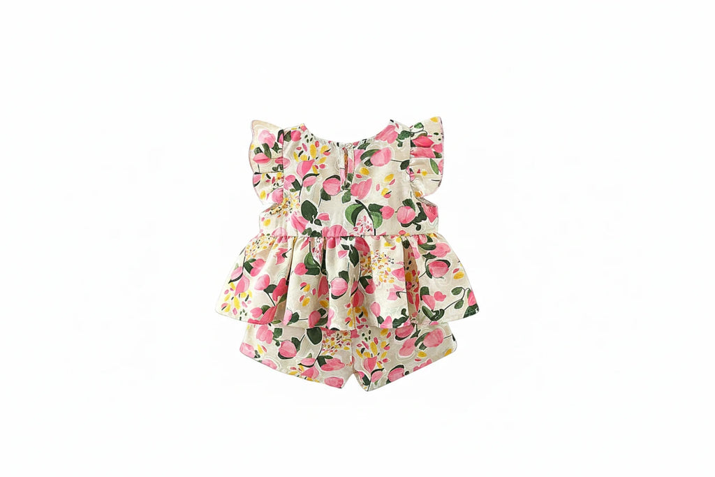 Baby Girl Floral Top & Shorts Set - Cotton Summer Outfit with Bow