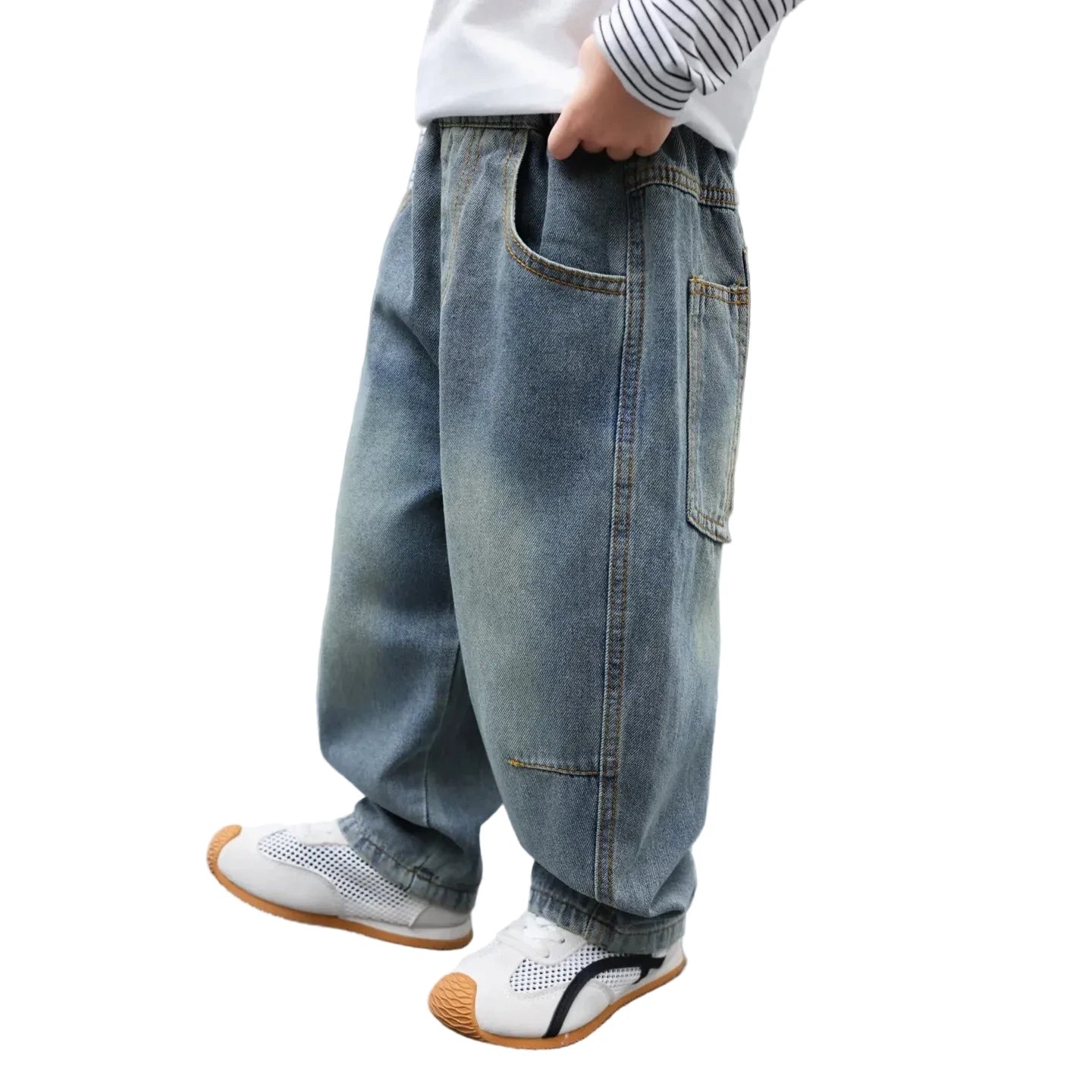 Boys' Vintage Washed Jeans - Elastic Waist Retro Denim Ages 7-13
